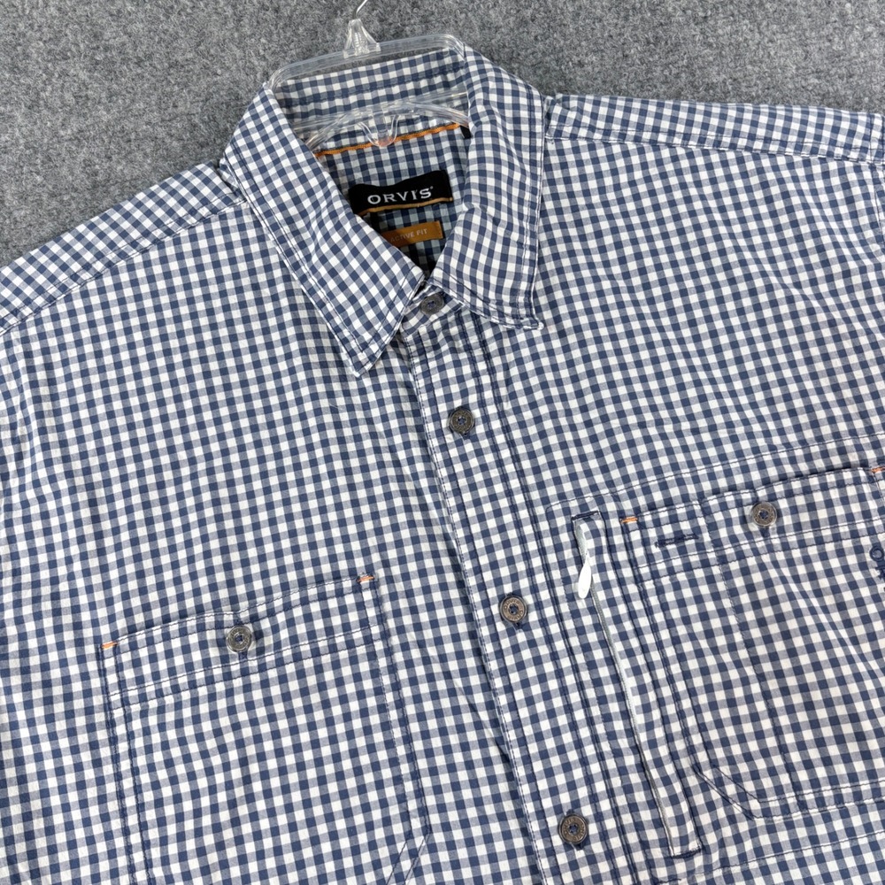Orvis Mens Active Fit Gingham Short Sleeve Button Down Shirt Blue White Pocket